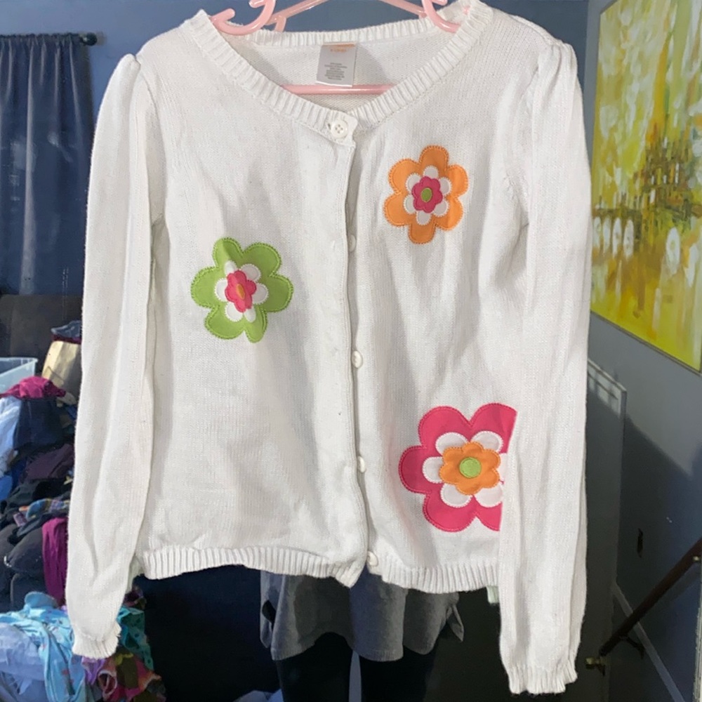 3/$20 Children’s white Gymboree sweater size small (5-6) multi colored flowers
